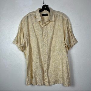 Yellow White printed Short Sleeve Button Down Shirt Linen Cotton men’s XL